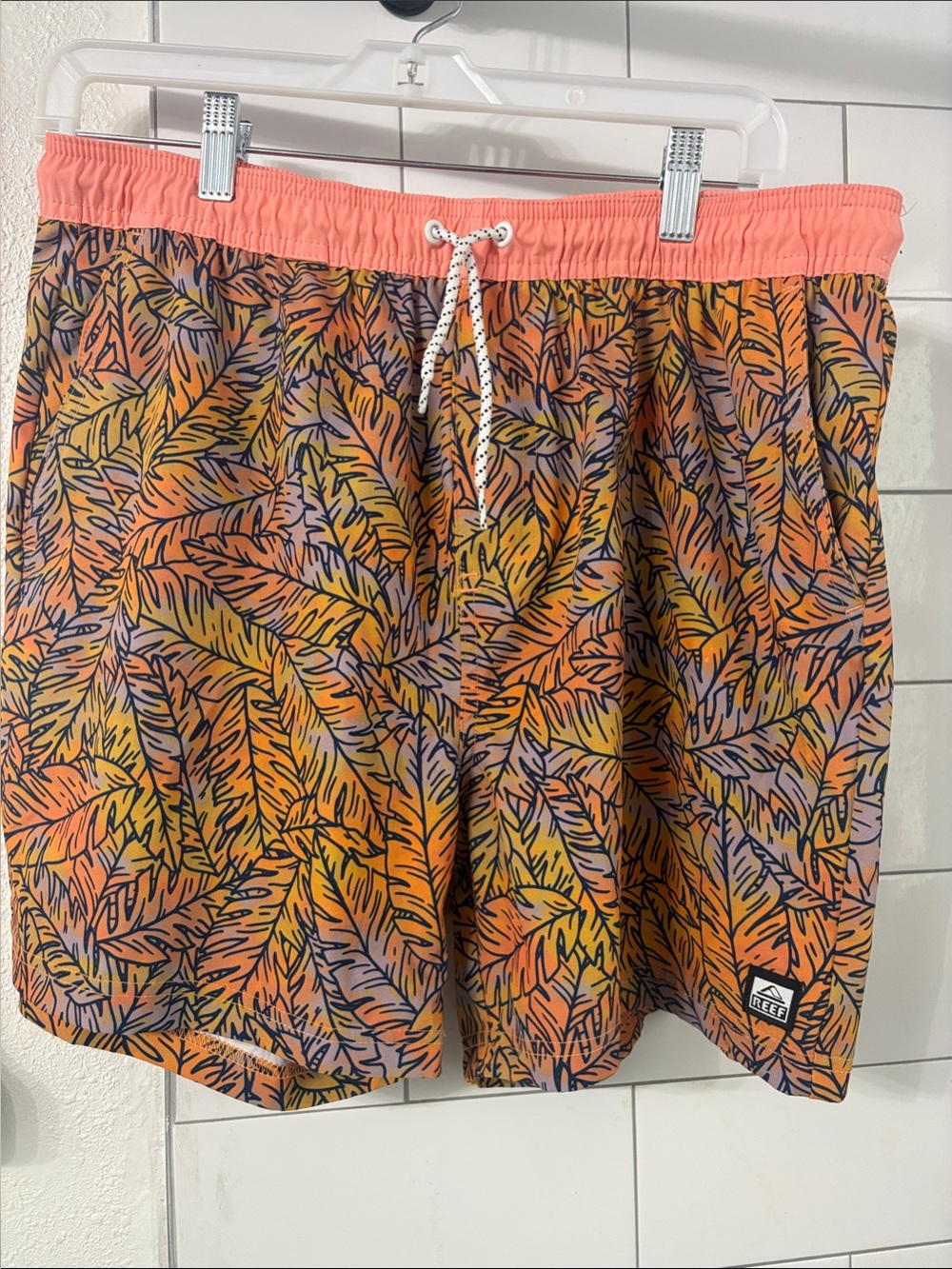 Reef Coral Waistband Orange & Yellow Leaf-Print Swim Trunks